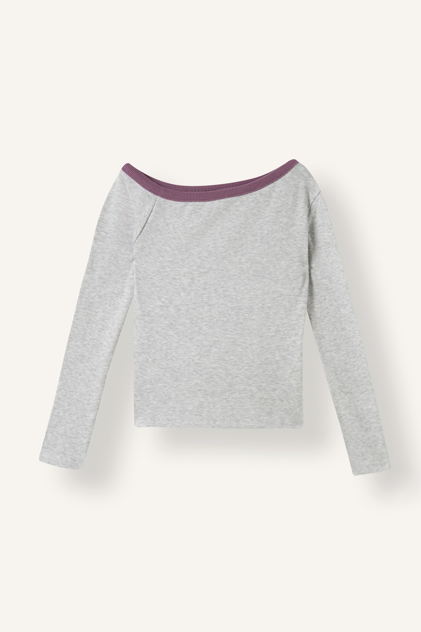 Young Girls - Teen Girls Light Grey Melange Girl Fitted Boat Neck Printed Ribbed T-Shirt