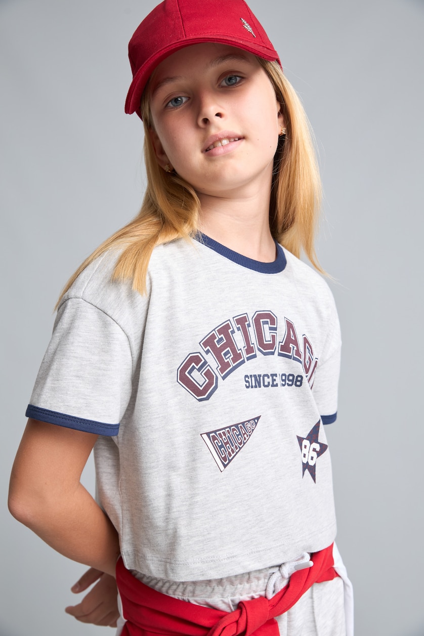 Young Girls - Teen Girls Light Grey Melange Girl Regular Fit 100% Cotton Slogan Print Short Sleeve T-Shirt