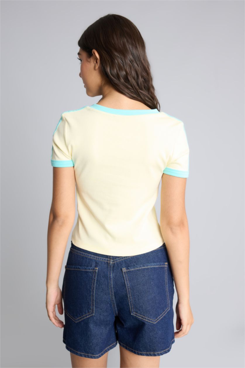 Women Light Yellow Slim Fit Ribana Short Sleeve T-Shirt