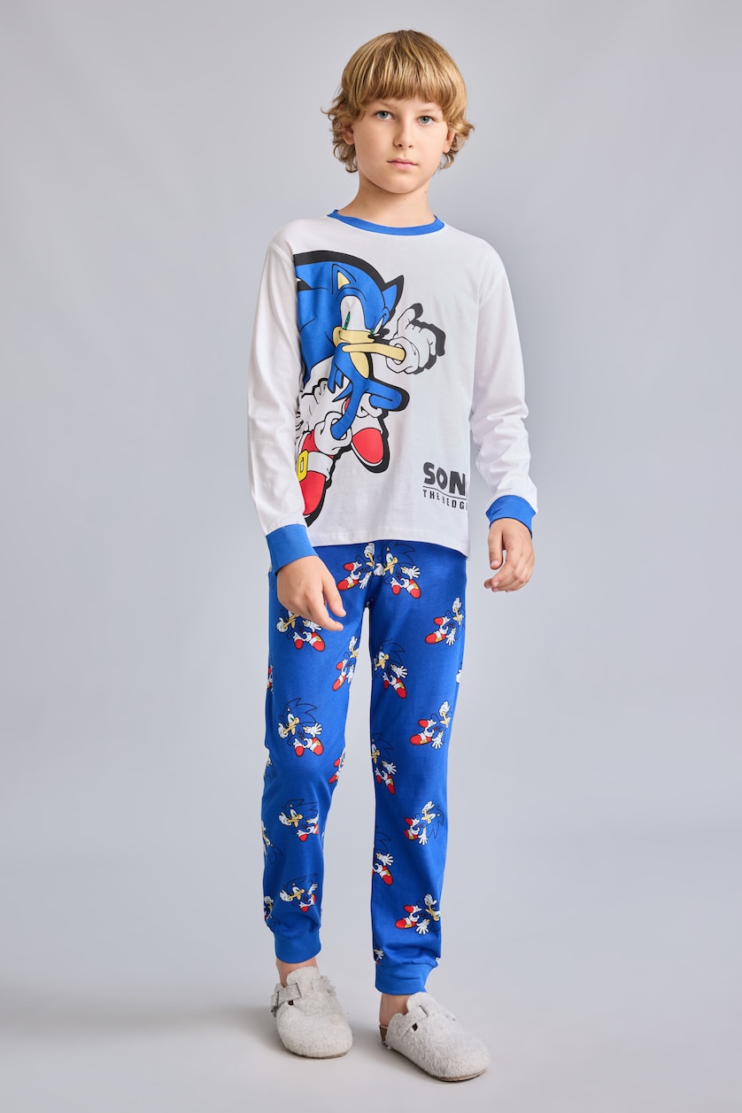 Erkek Çocuk - Genç Erkek Beyaz Sonic Baskılı Uzun Kollu Erkek Çocuk Pijama