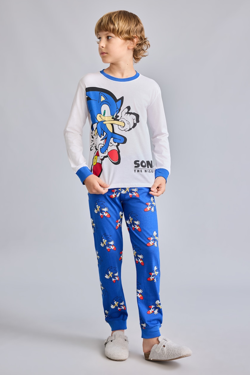 Erkek Çocuk - Genç Erkek Beyaz Sonic Baskılı Uzun Kollu Erkek Çocuk Pijama