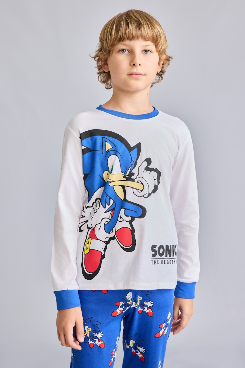 Erkek Çocuk - Genç Erkek Beyaz Sonic Baskılı Uzun Kollu Erkek Çocuk Pijama