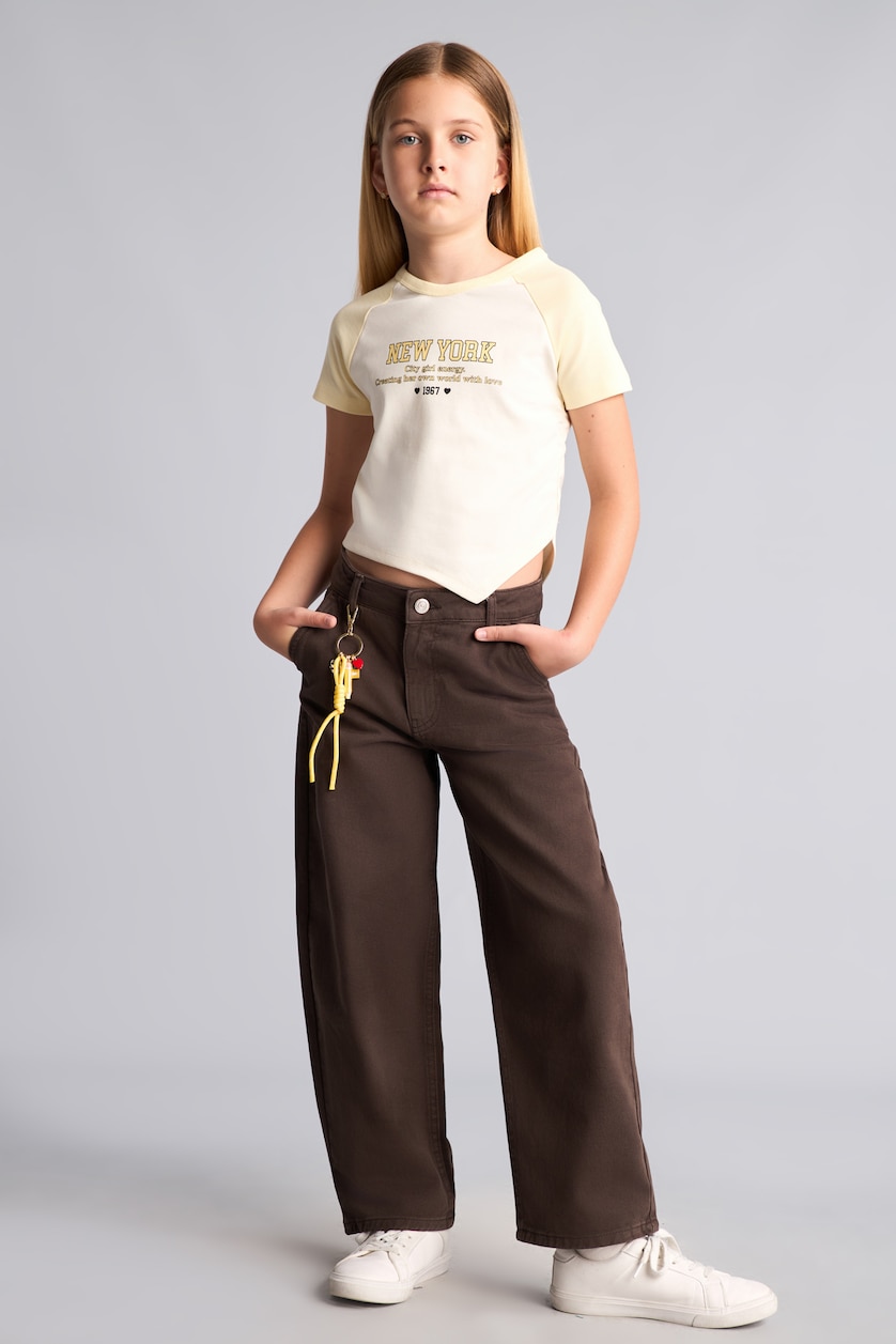 GIRLS & TEENS Brown Girl Baggy Fit Straight Leg Gabardine Trousers