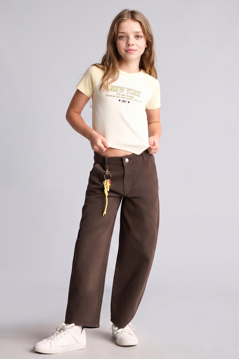 Young Girls - Teen Girls Brown Woman Baggy Fit Gabardine Trousers