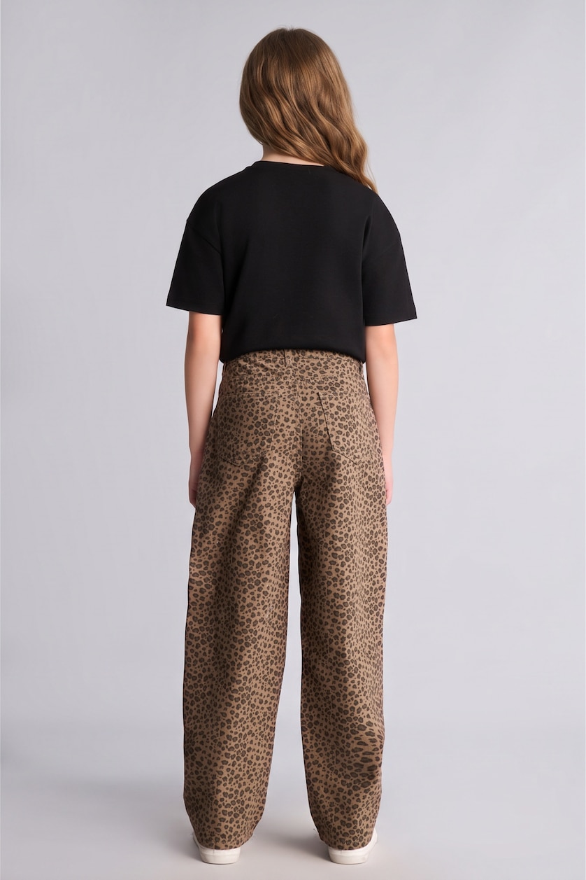Kız Çocuk - Genç Kız Kahve Leopar Desenli Baggy Fit Pantolon