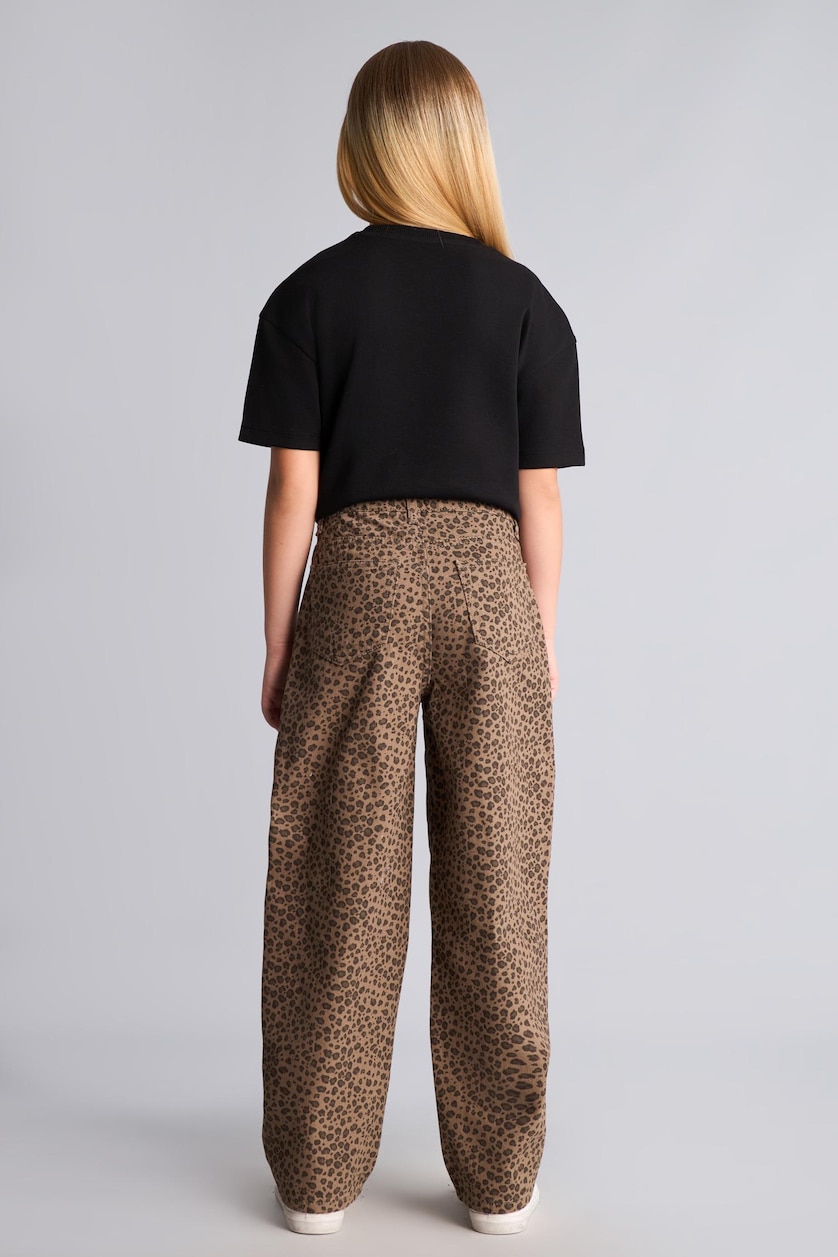 GIRLS & TEENS Brown Girls Baggy Fit Leopard Print Stretch Gabardine Trousers