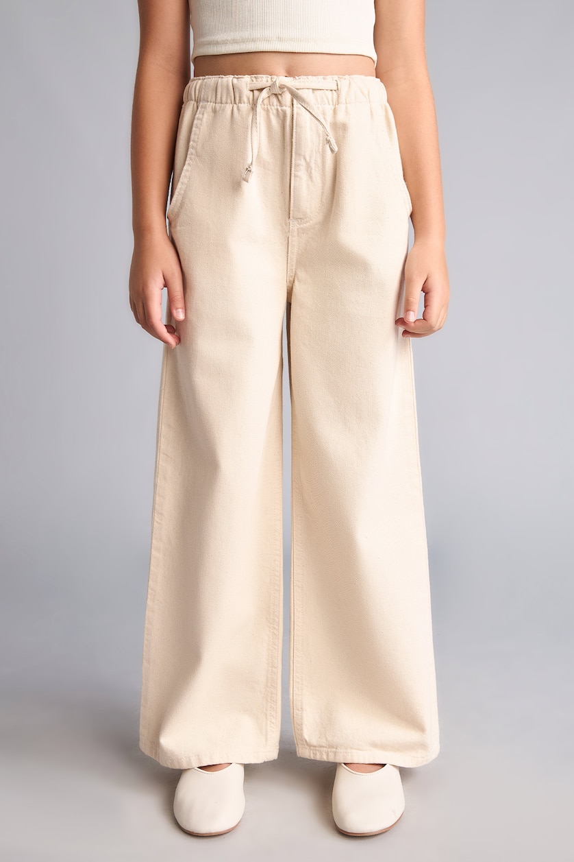 Kız Çocuk - Genç Kız Doğal Açık Bej Pamuklu Wide Leg Pantolon Kız Çocuk
