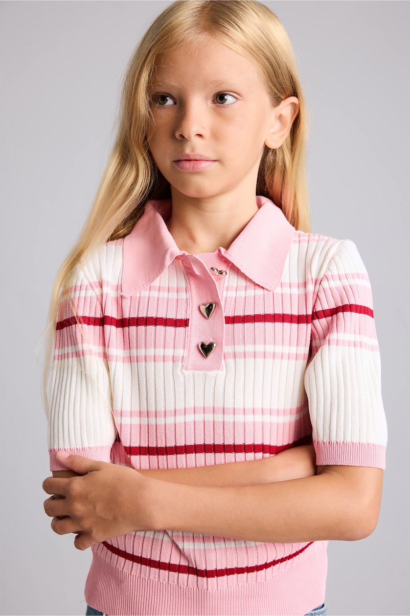 GIRLS & TEENS Red Girl Regular Fit Ribbed Knit Short Sleeve Polo Sweater