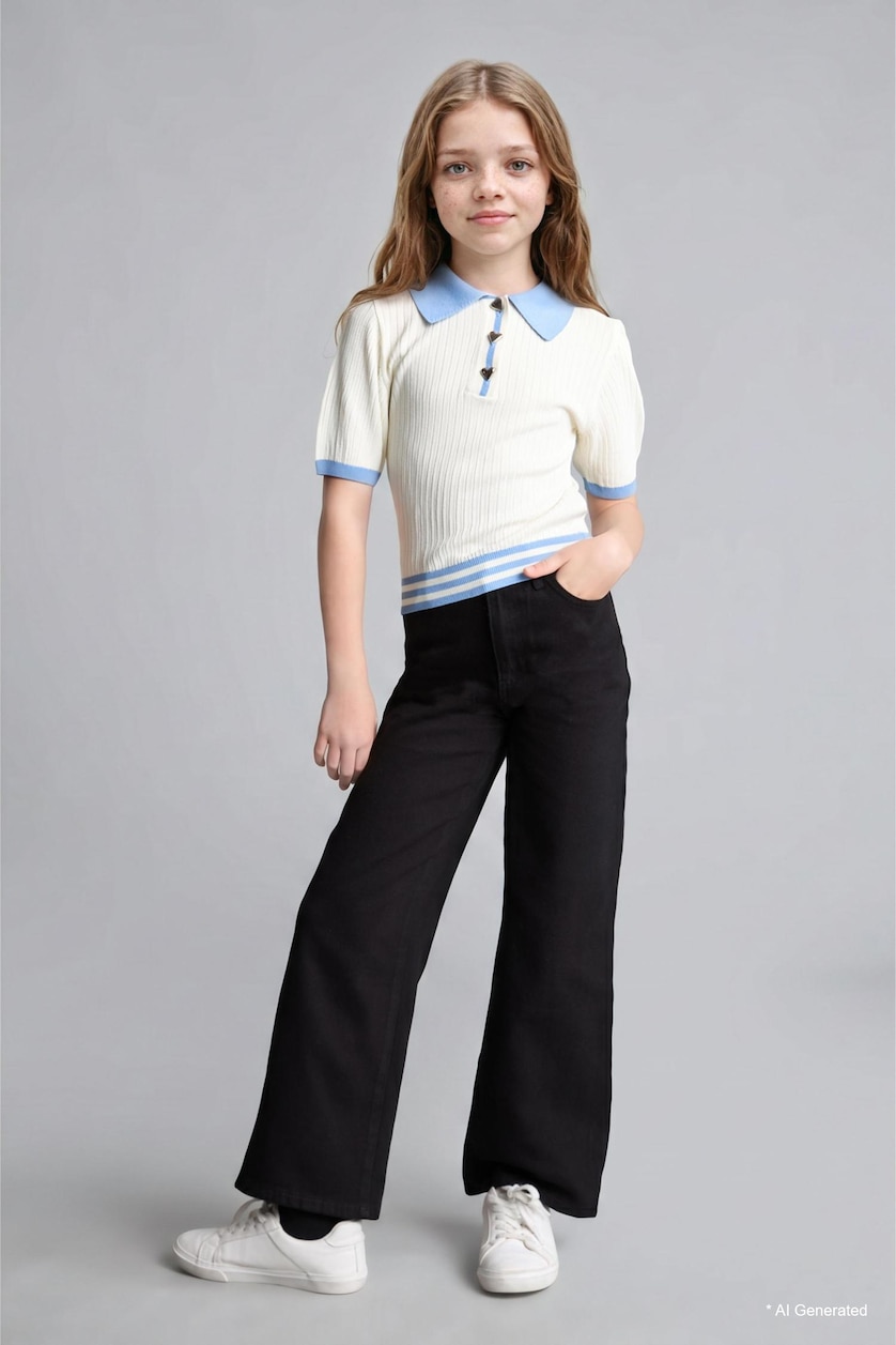 FILLES Blanc Pull côtelé à col polo et manches courtes Coupe régulière pour fille
