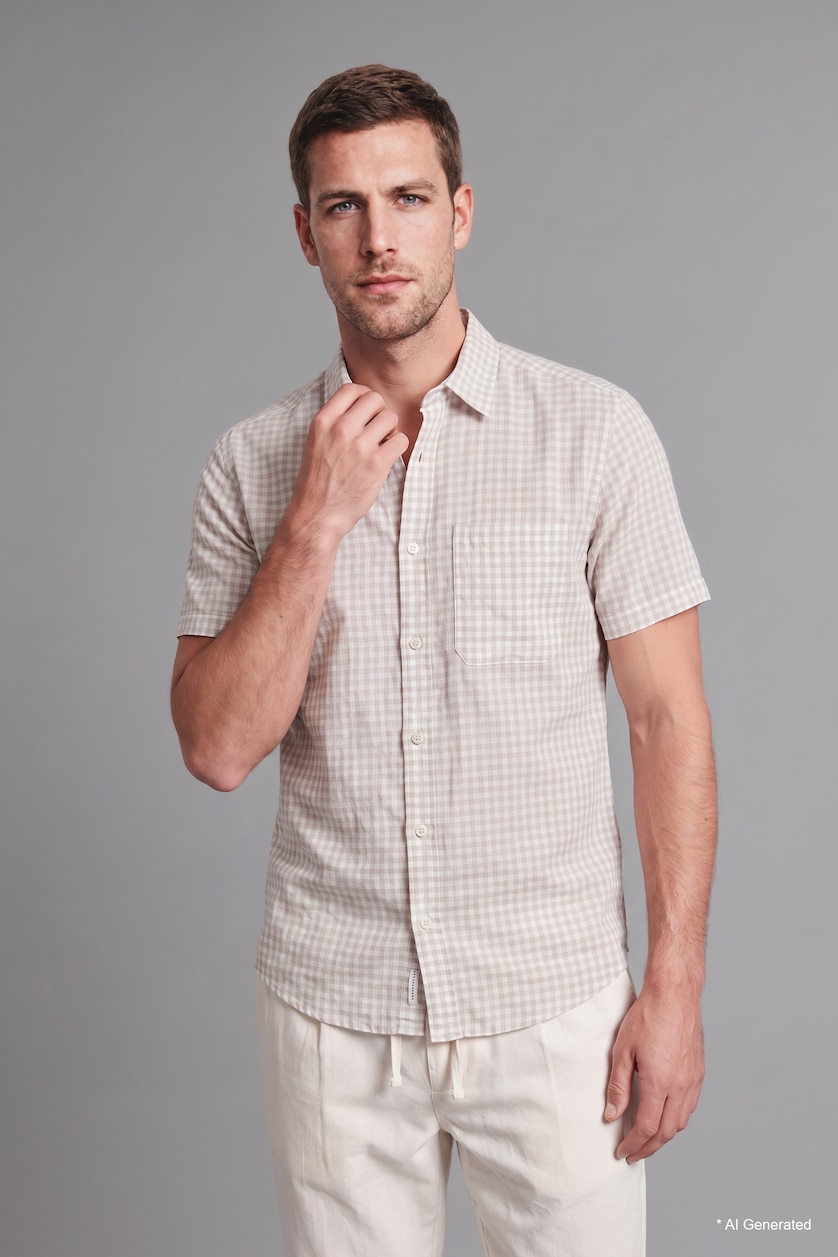 Men Beige Regular Fit Cotton Short Sleeve Shirt