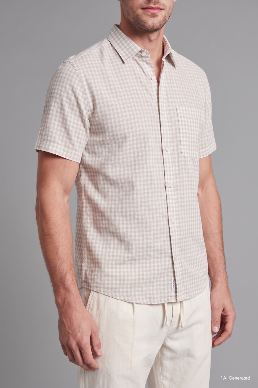 Men Beige Regular Fit Cotton Short Sleeve Shirt