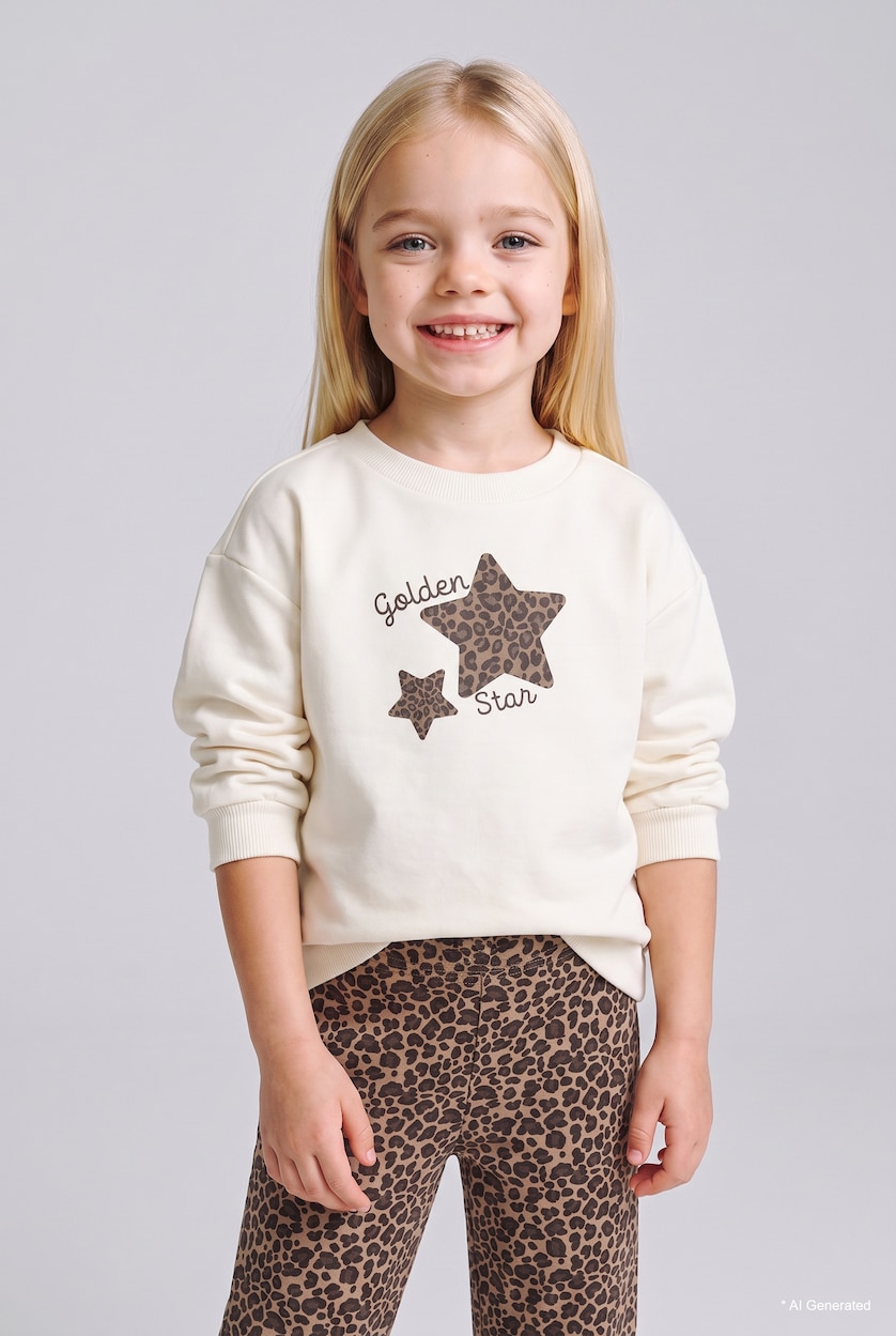 BABY GIRL Ecru Baby Girl Regular Fit Star Printed Crew Neck Sweatshirt