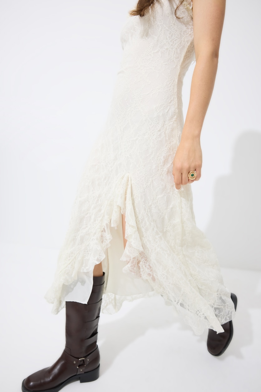 Women White A-Line Strappy Lace White Midi Dress