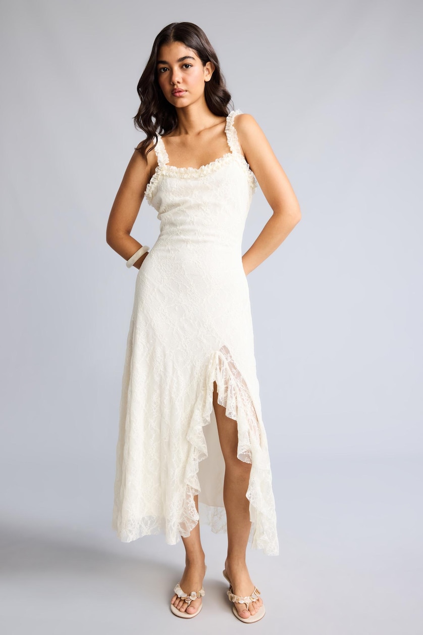 Women White A-Line Strappy Lace White Midi Dress