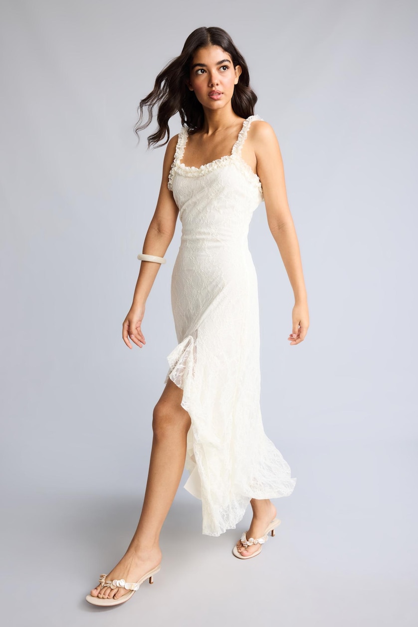 Women White A-Line Strappy Lace White Midi Dress