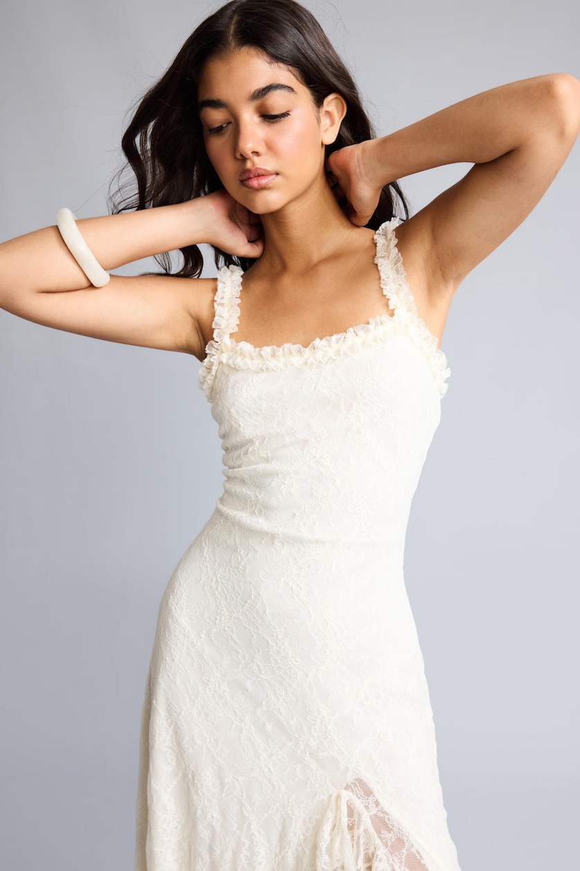 Women White A-Line Strappy Lace White Midi Dress