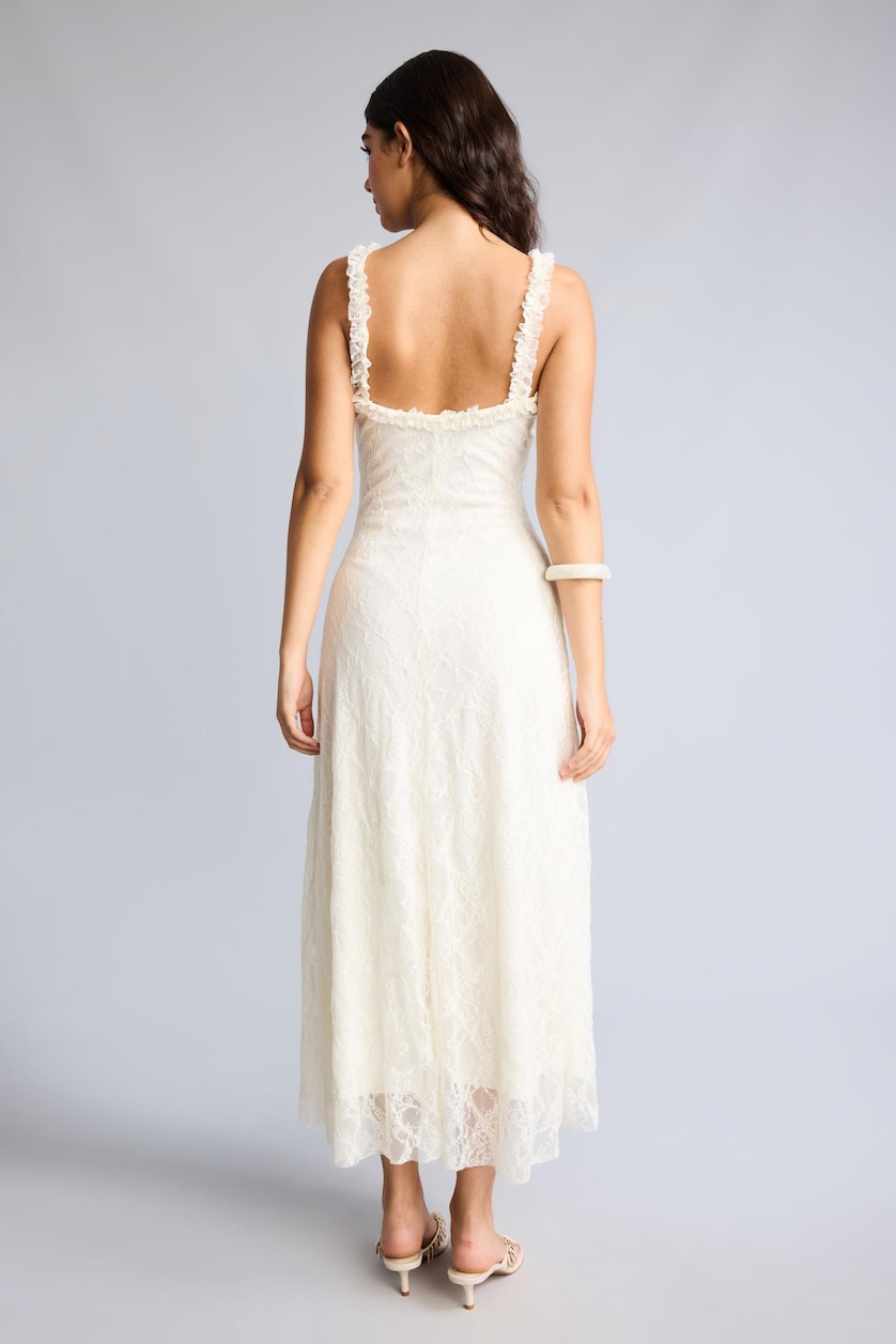 Women White A-Line Strappy Lace White Midi Dress