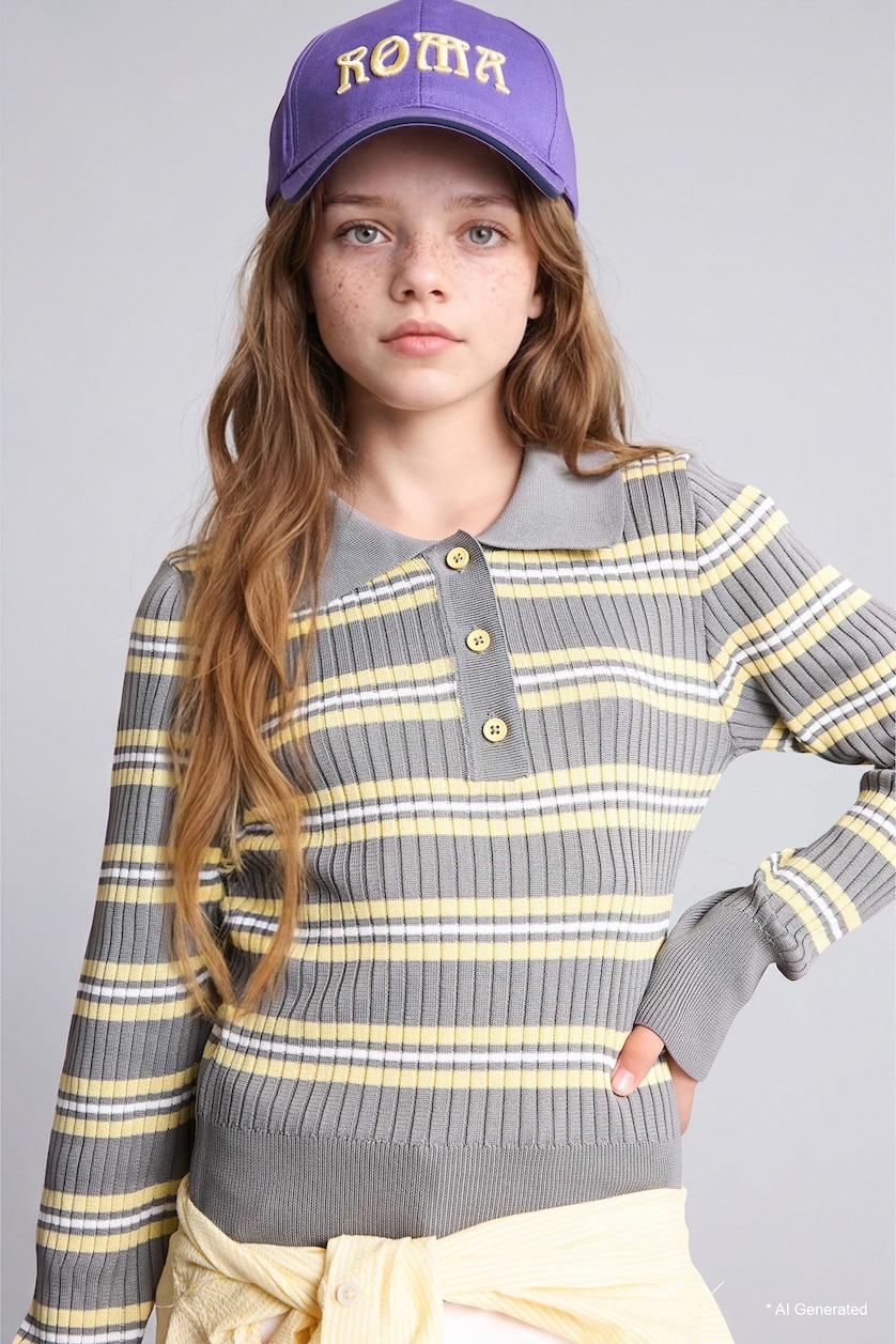 VAJZA & ADOLESHENTE Light Yellow Girl Regular Fit Striped Polo Collar Pullover