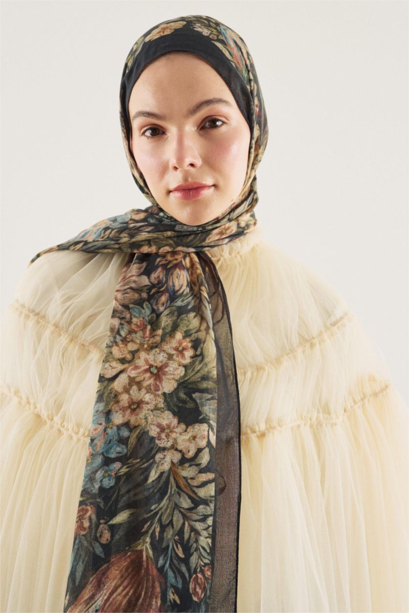 Women Black Fresh Scarfs X DeFacto Night Bloom Viscose Scarf
