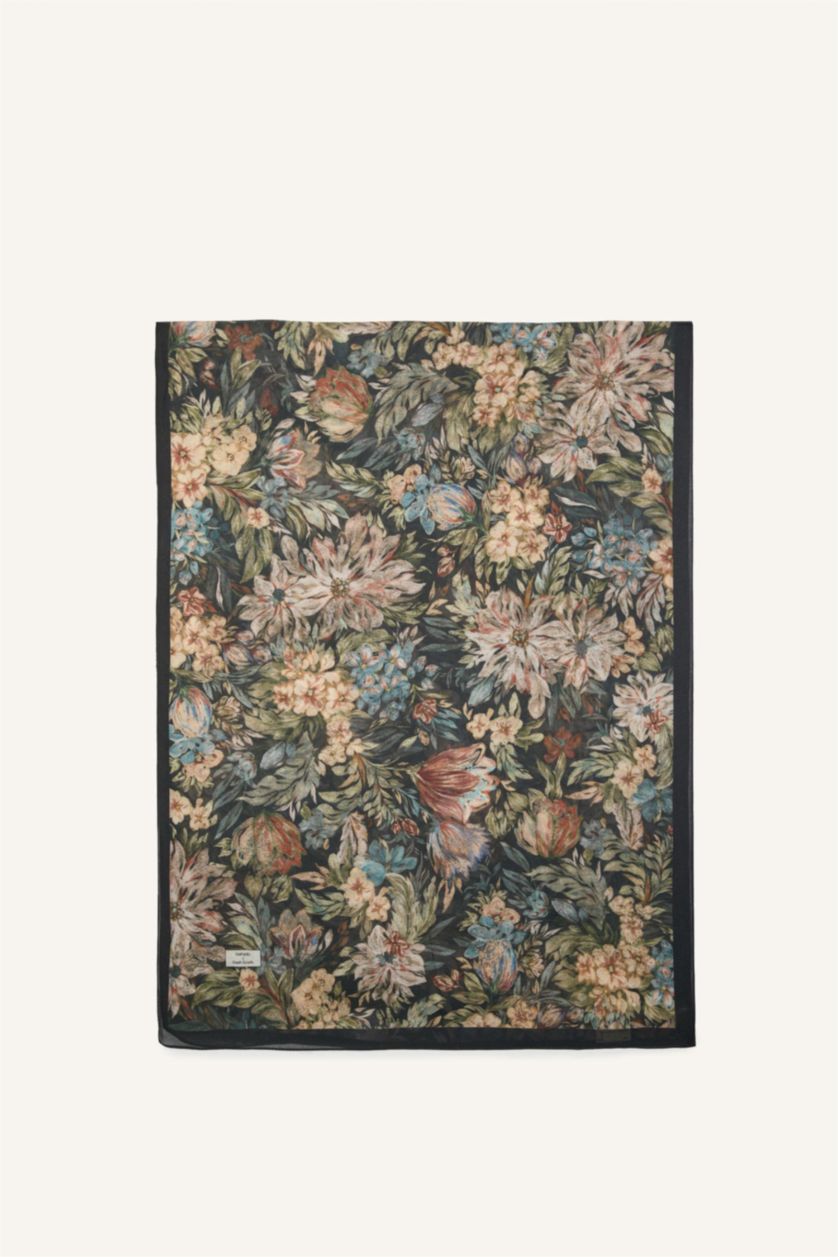 Women Black Fresh Scarfs X DeFacto Night Bloom Viscose Scarf