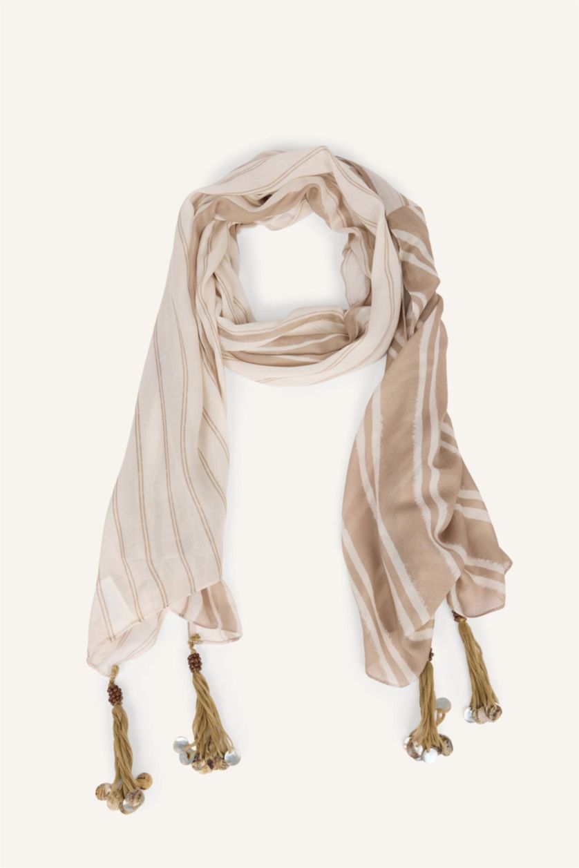 Kadın Vizon Fresh Scarfs X DeFacto Summer Blocks Krem Viskon Püsküllü Şal
