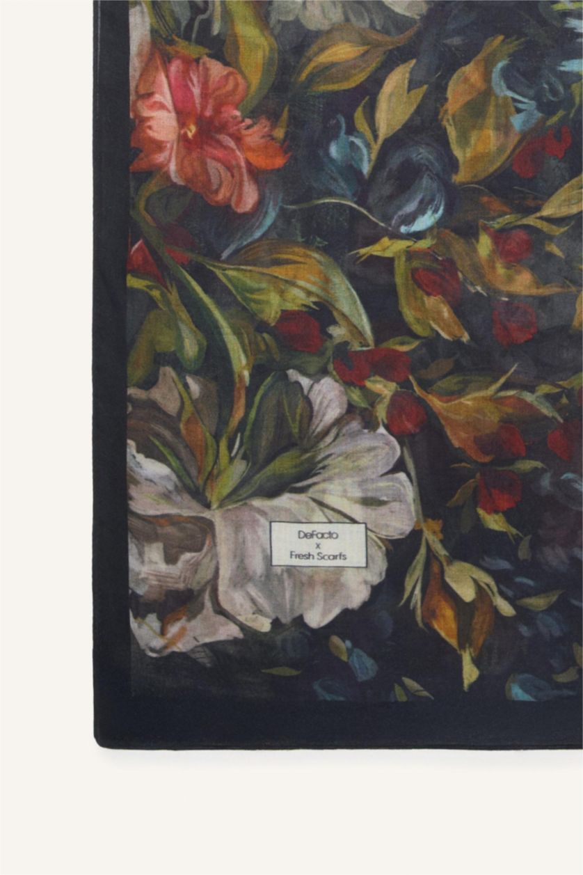 Kadın Siyah Fresh Scarfs X DeFacto Midnight Botanic Viskon Şal