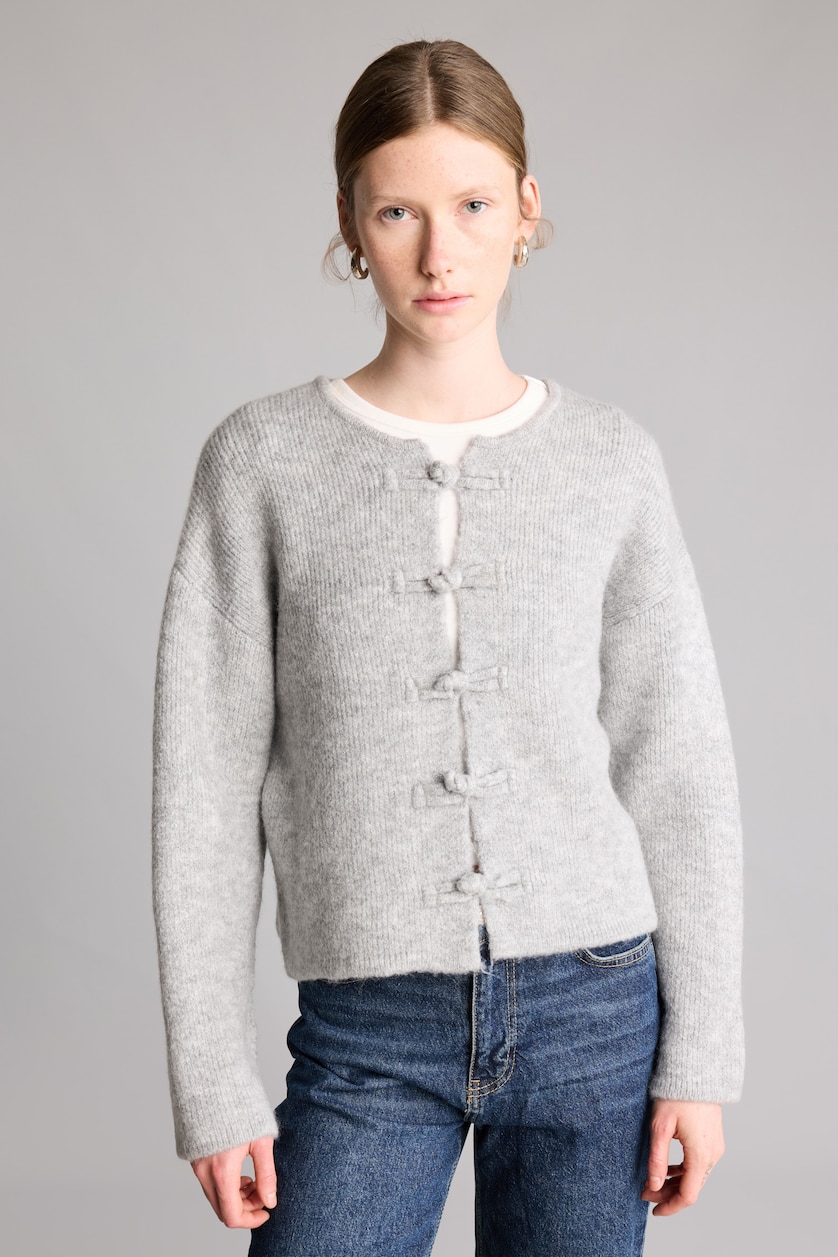 Kadın Gri Melanj Regular Fit Fiyonklu Basic Hırka