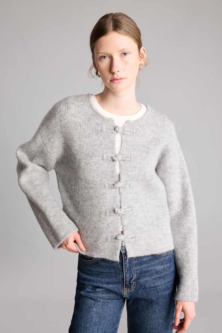 Kadın Gri Melanj Regular Fit Fiyonklu Basic Hırka
