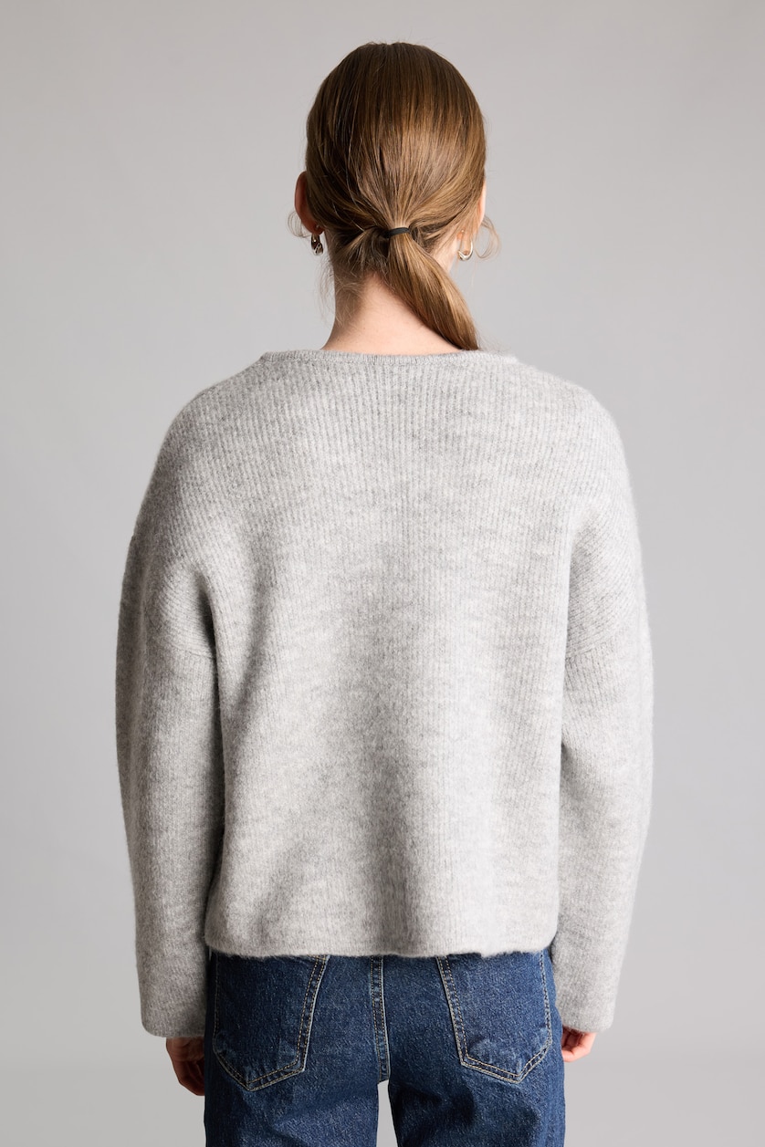 Kadın Gri Melanj Regular Fit Fiyonklu Basic Hırka