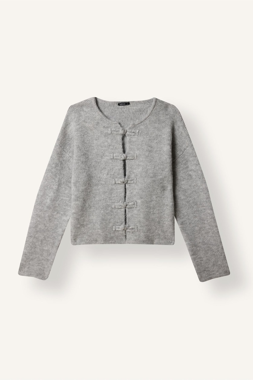 Kadın Gri Melanj Regular Fit Fiyonklu Basic Hırka