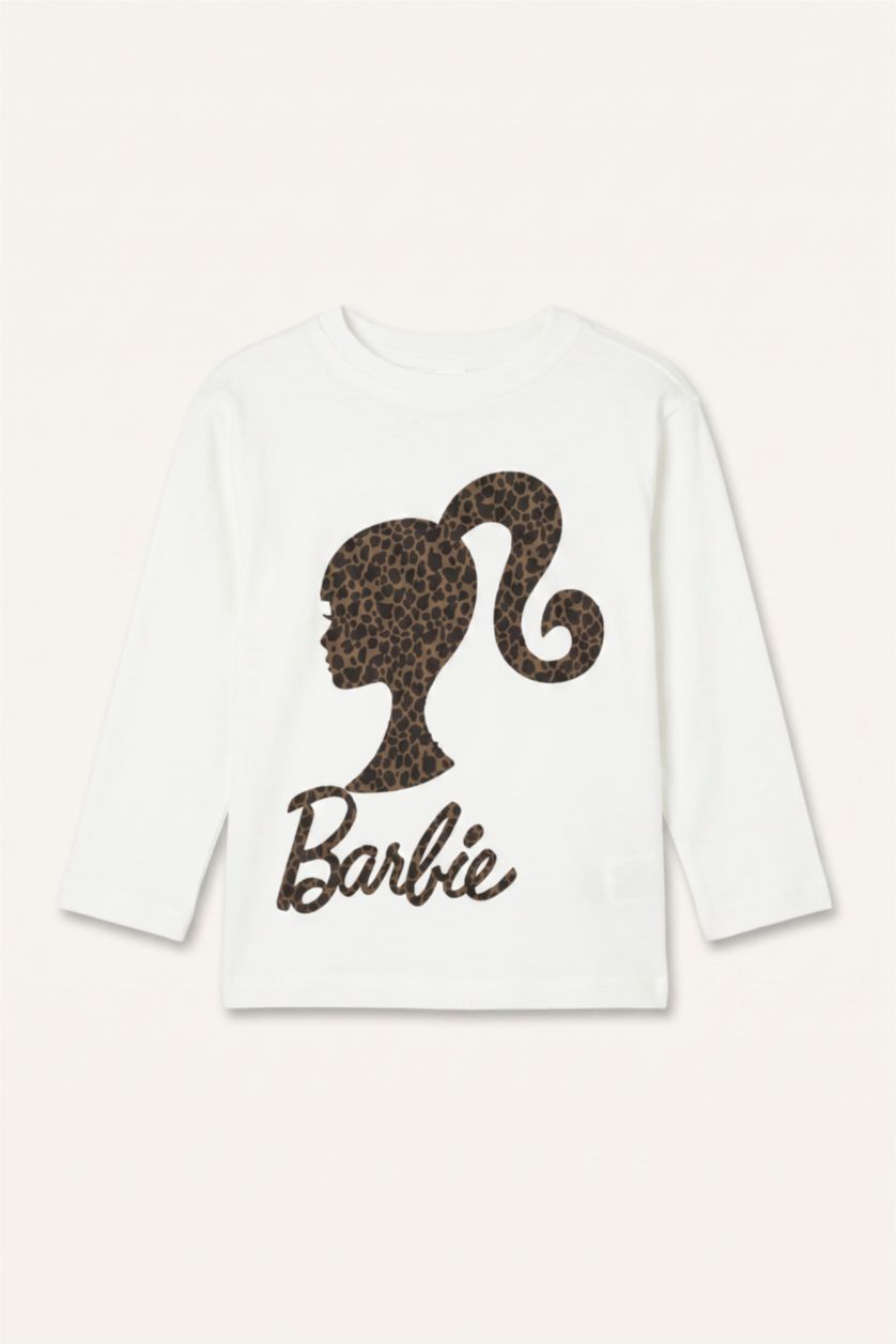 Kız Bebek Ekru Barbie Lisanslı Uzun Kollu Penye Tişört Kız Bebek