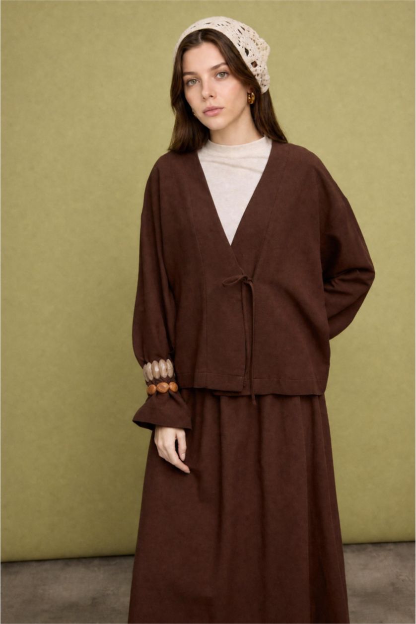 نساء بني Regular Fit Linen Blend Brown Kimono