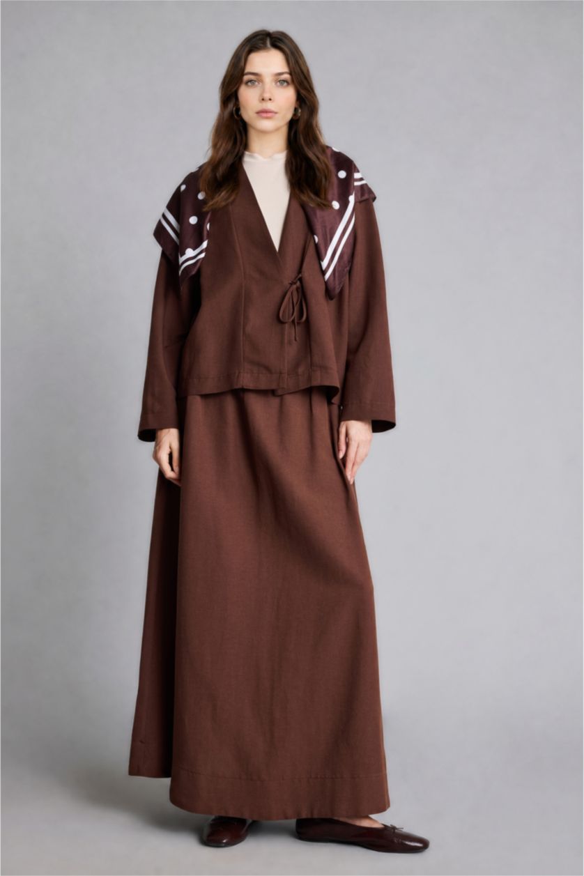 Kadın Kahve Regular Fit Keten Karışımlı Kimono