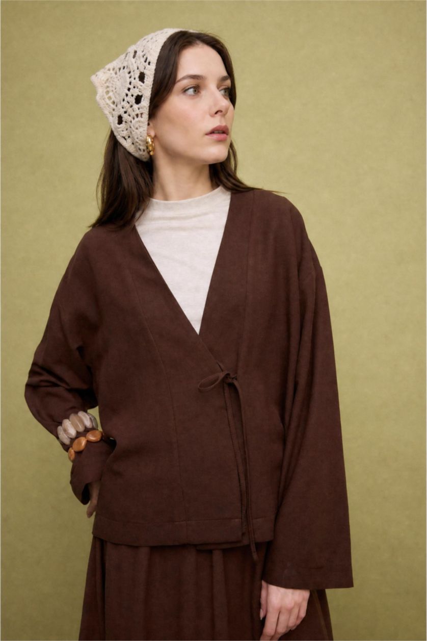 نساء بني Regular Fit Linen Blend Brown Kimono
