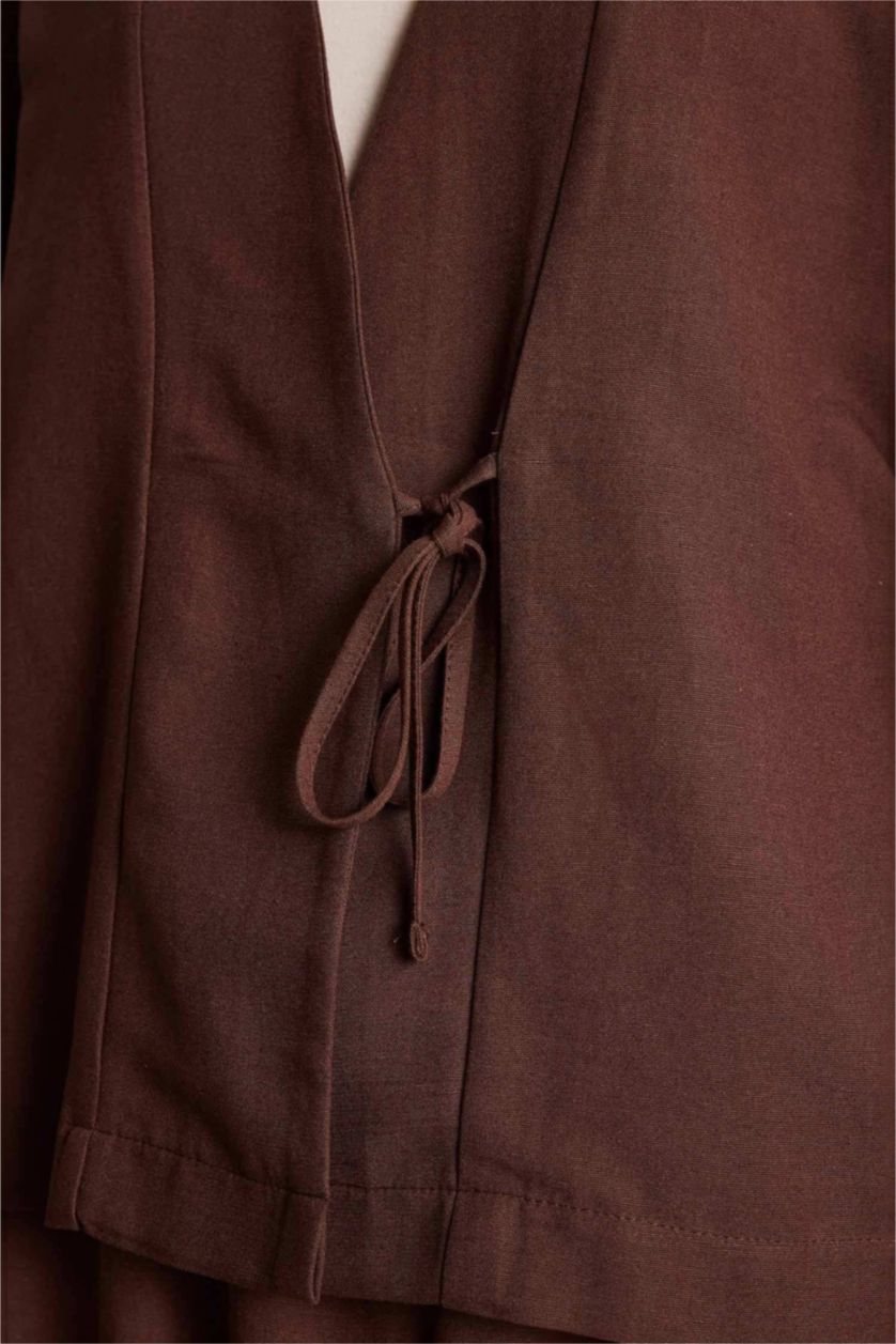Kadın Kahve Regular Fit Keten Karışımlı Kimono