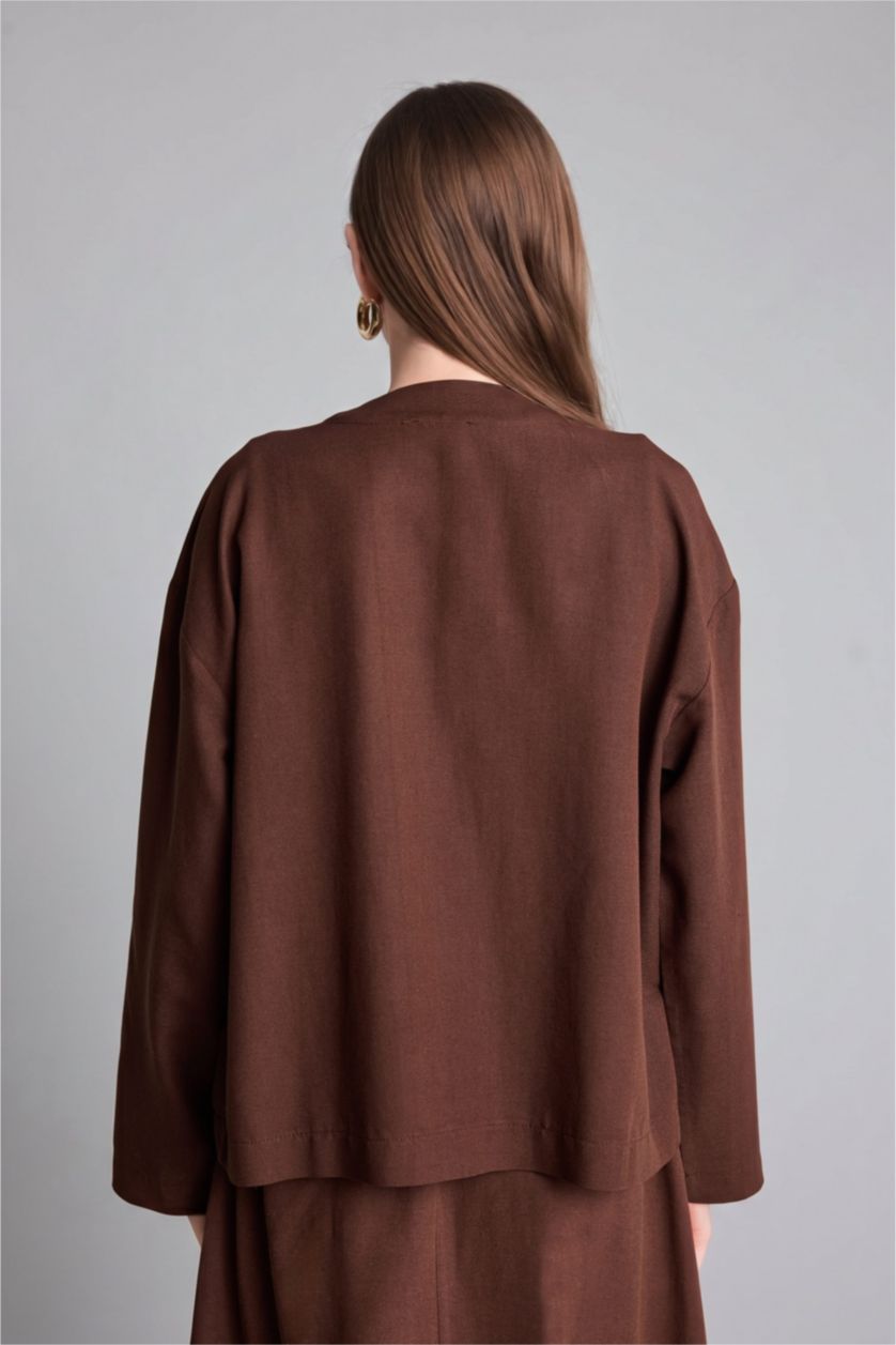 Kadın Kahve Regular Fit Keten Karışımlı Kimono