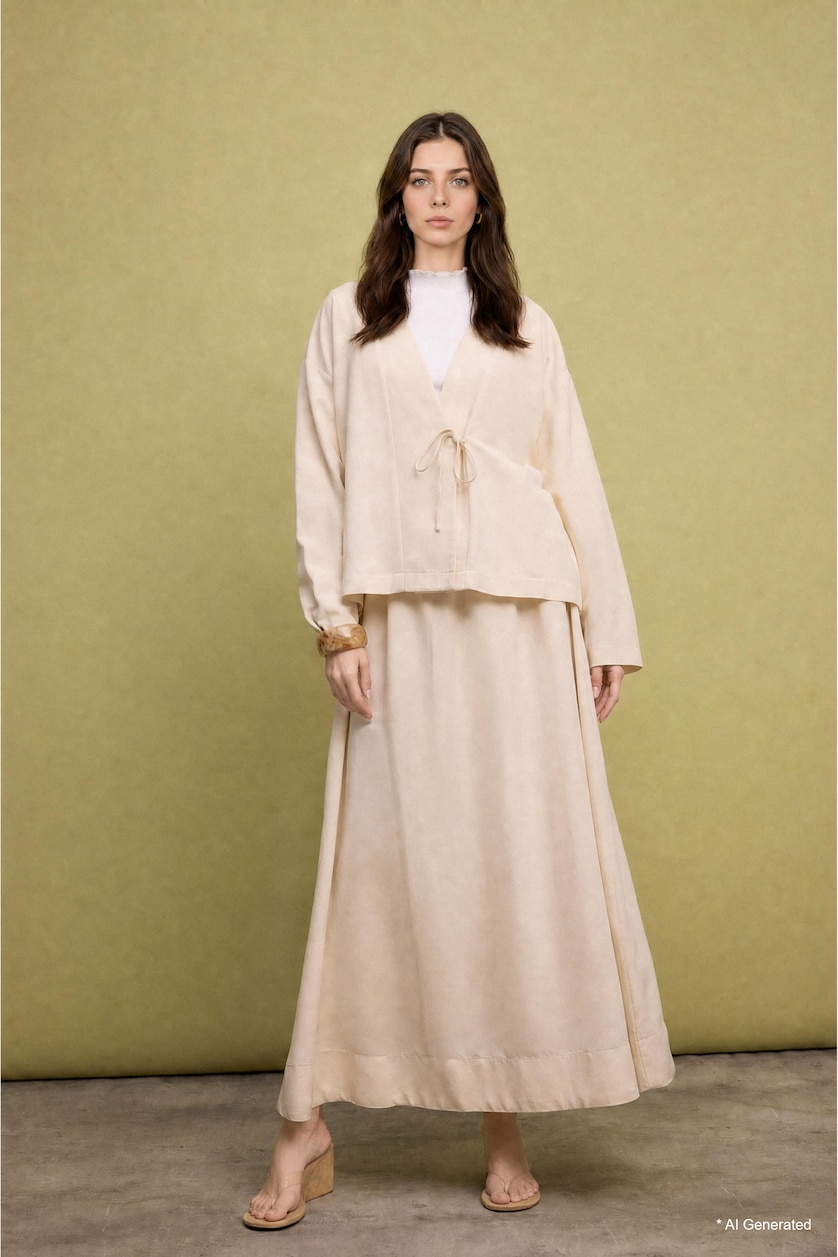 نساء اللون الحجري Regular Fit Blended Linen Beige Kimono