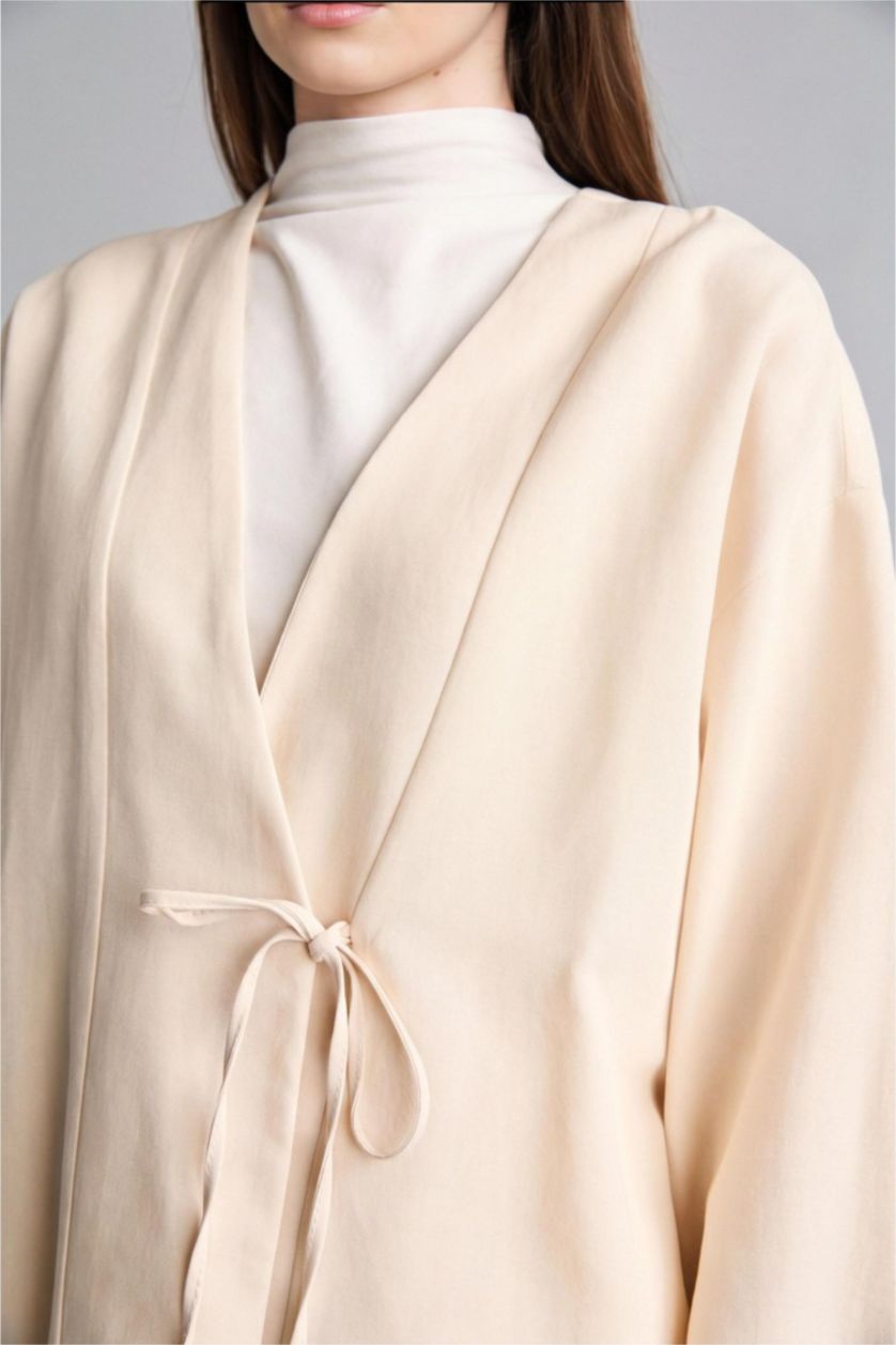 Woman Stone Regular Fit Blended Linen Beige Kimono