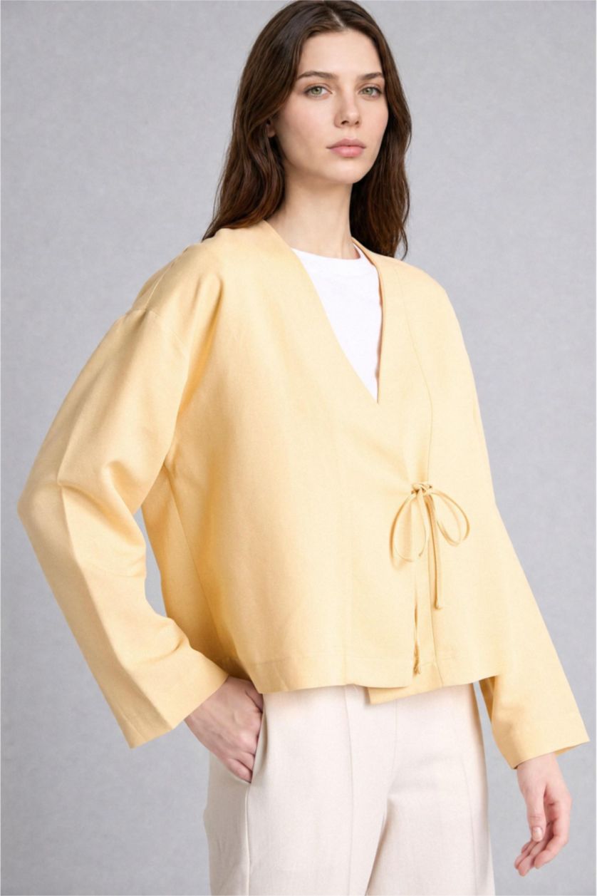 Woman Light Yellow Regular Fit Blended Linen Yellow Kimono