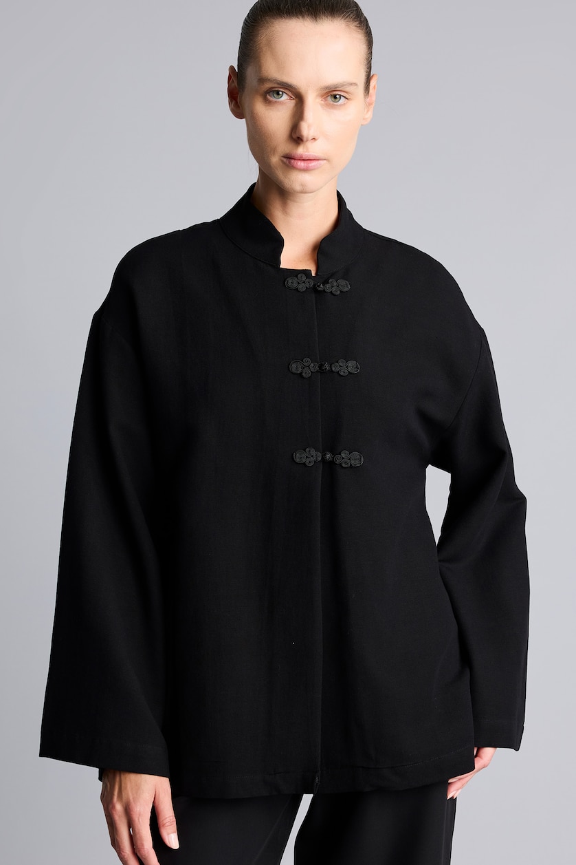 Women Black Regular Fit Linen Blended Long Sleeve Tunic