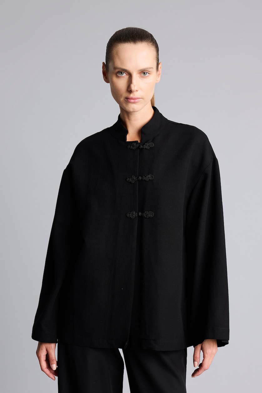 Women Black Regular Fit Linen Blended Long Sleeve Tunic