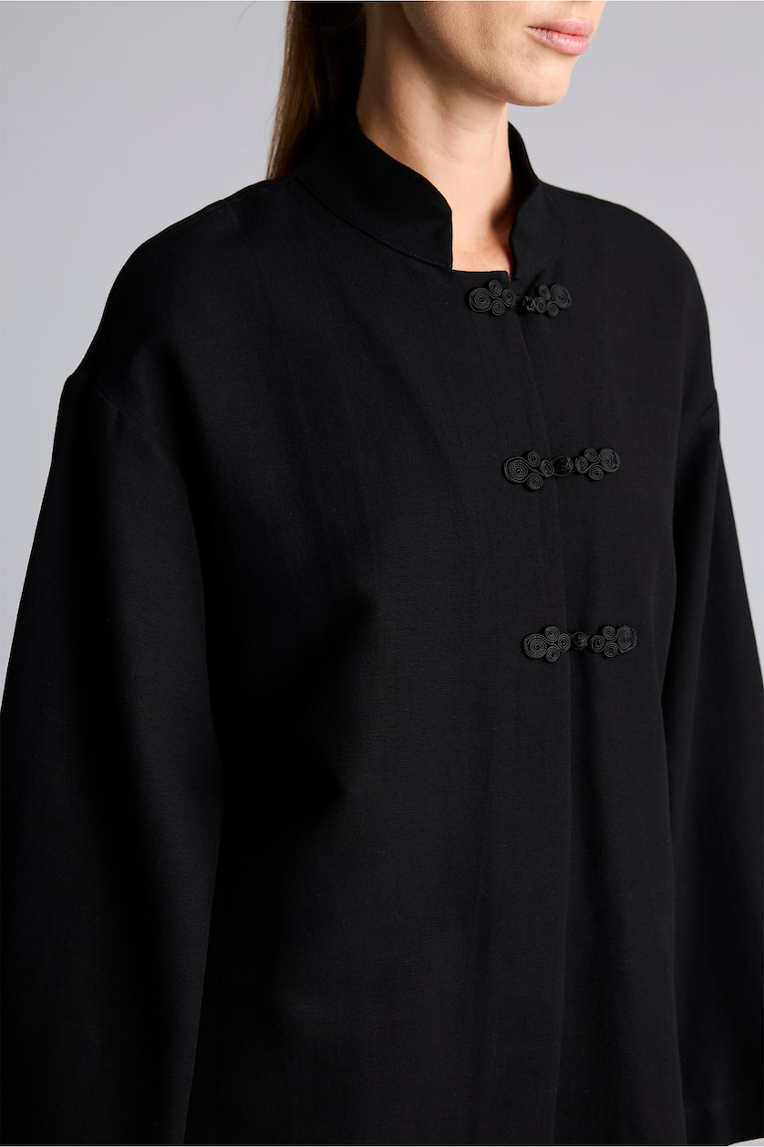 Women Black Regular Fit Linen Blended Long Sleeve Tunic