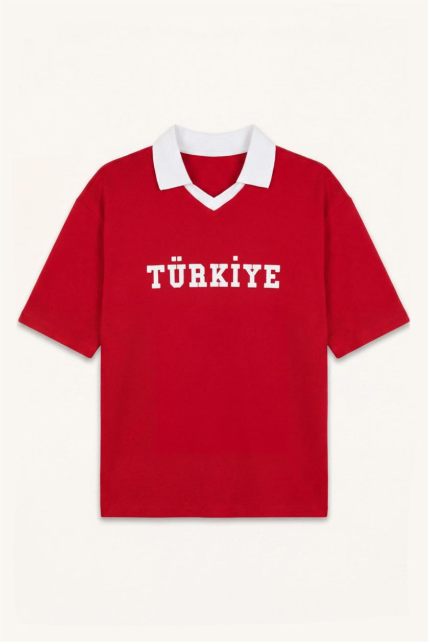 Erkek Kırmızı Boxy Fıt Türkiye Baskılı Tişört