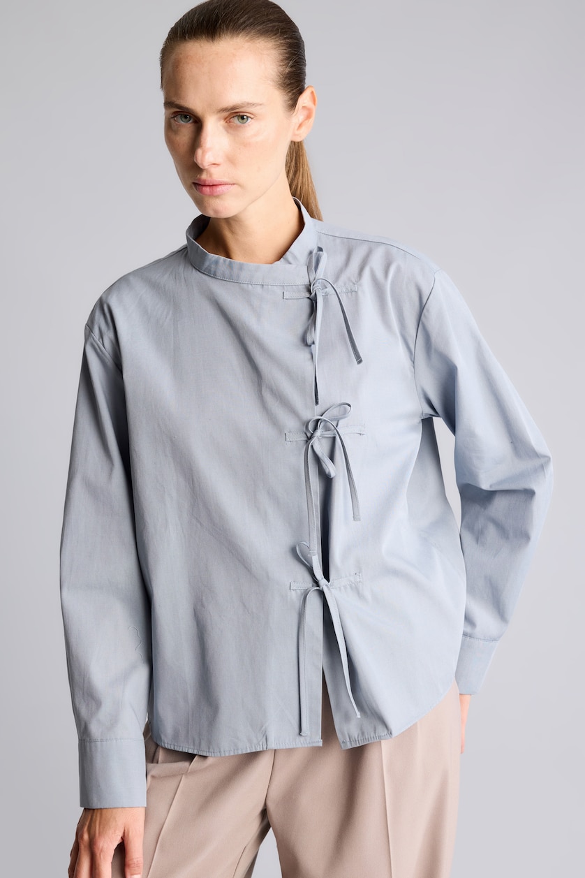 Women Light Blue 100% Cotton Regular Fit Tie-Front Poplin Long Sleeve Tunic