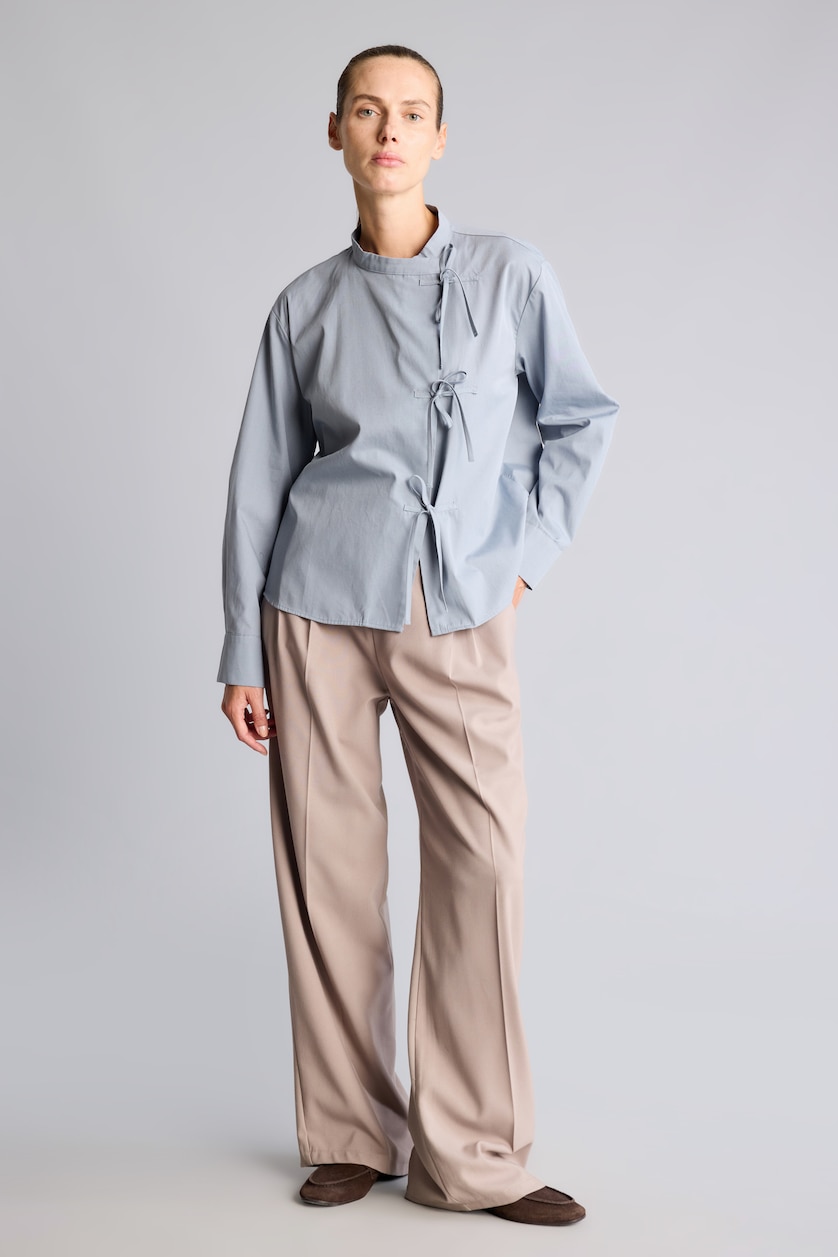 Women Light Blue 100% Cotton Regular Fit Tie-Front Poplin Long Sleeve Tunic