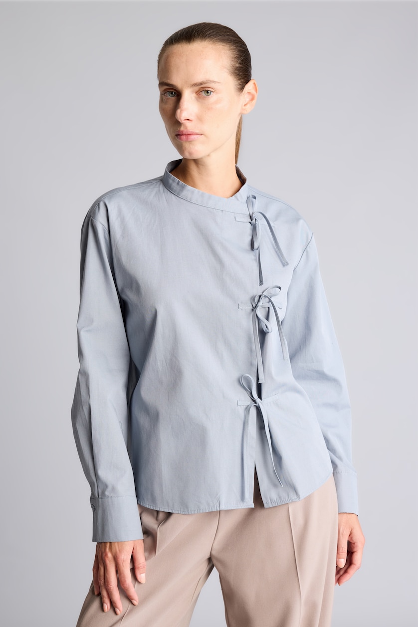 Women Light Blue 100% Cotton Regular Fit Tie-Front Poplin Long Sleeve Tunic