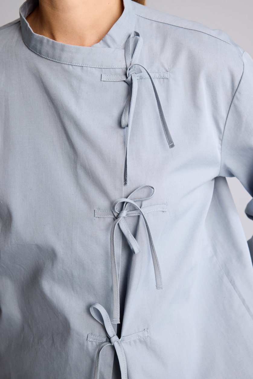 Women Light Blue 100% Cotton Regular Fit Tie-Front Poplin Long Sleeve Tunic