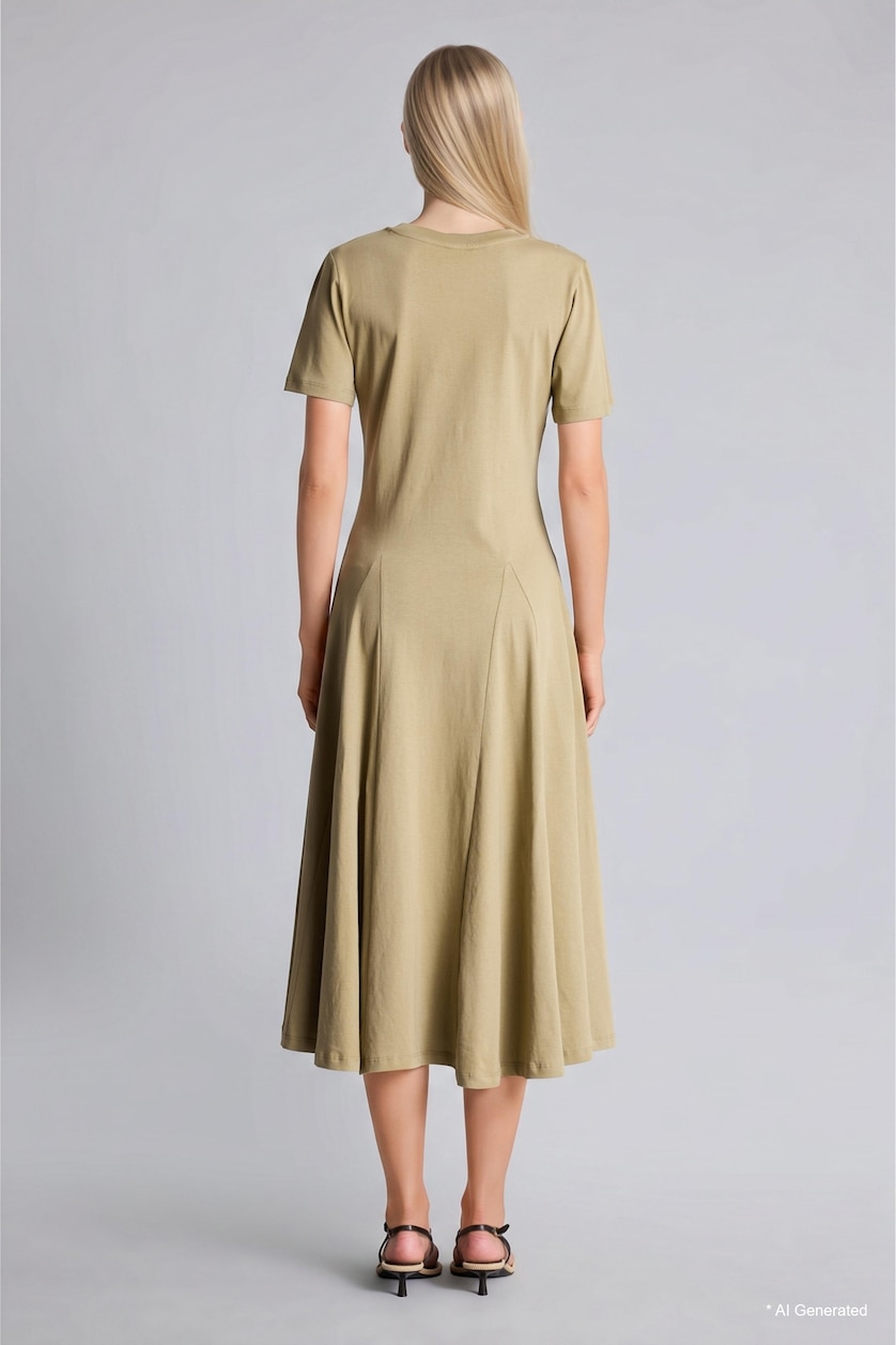 WOMAN Light Khaki A Cut Crew Neck Midi Dress