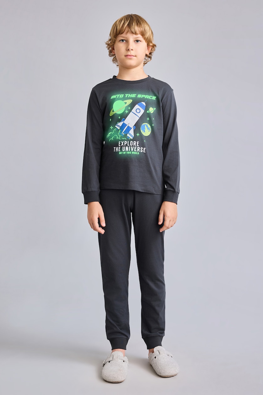 Erkek Çocuk - Genç Erkek Antrasit 2'li Karanlıkta Parlayan Baskılı Pijama Takımı Erkek Çocuk