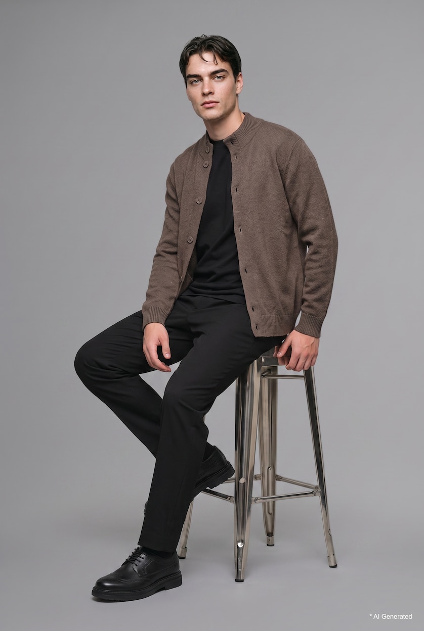 رجال بني فاتح Standard Fit High Neck Basic Knit Cardigan